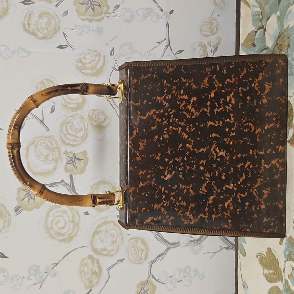 Chic Brown Patterned Satchel with Bamboo Handle - Picture 3 of 11